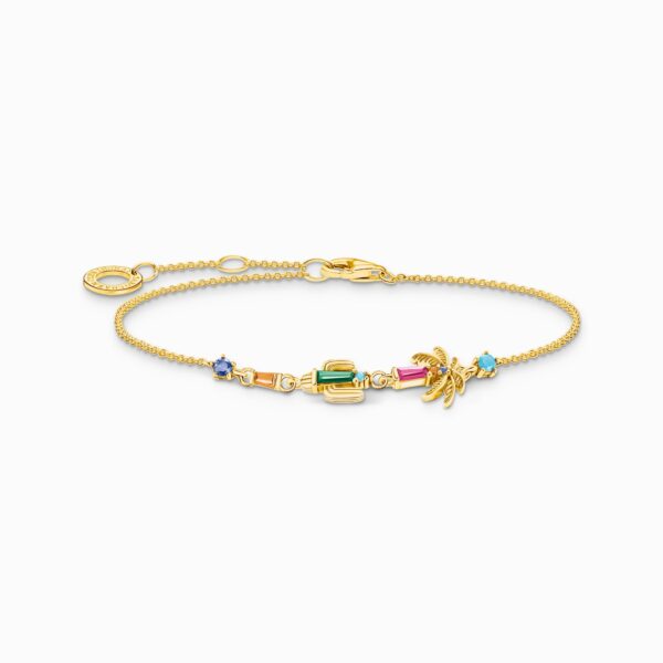 Armband med palm, kaktus och färgglada stenar, pläterat | Guld | 16-19 cm