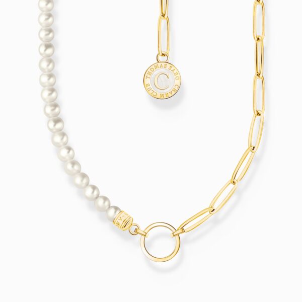 Charm-halsband med vit pärlor och bricka guldpläterad | Guld | 40-45 cm