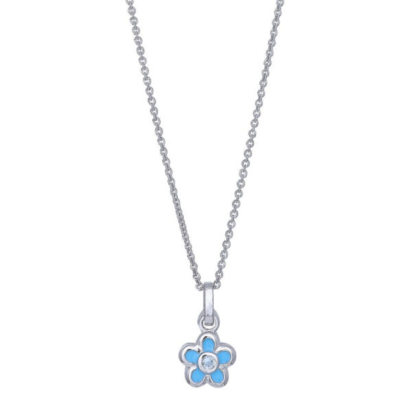 Rhod. Silver blomma ljusblå emalj + zirkonia kedja 38cm