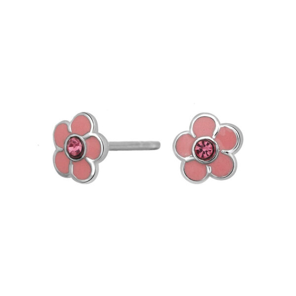 Rodiumpläterade silverörhängen blomma med rosa emalj och zirkonia